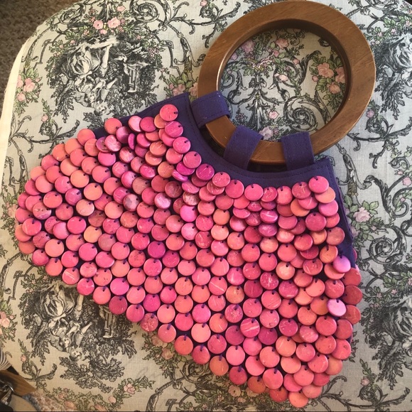 Hype Handbags - Hype Pink & Purple Beaded Bag Wood Handles